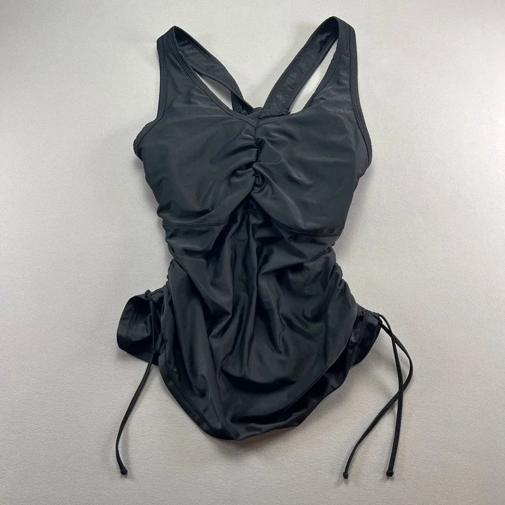 UV Skinz Tankini Top Womens 2XL Black Stretch Ruched Wide Strap UPF 50+ Swimwear